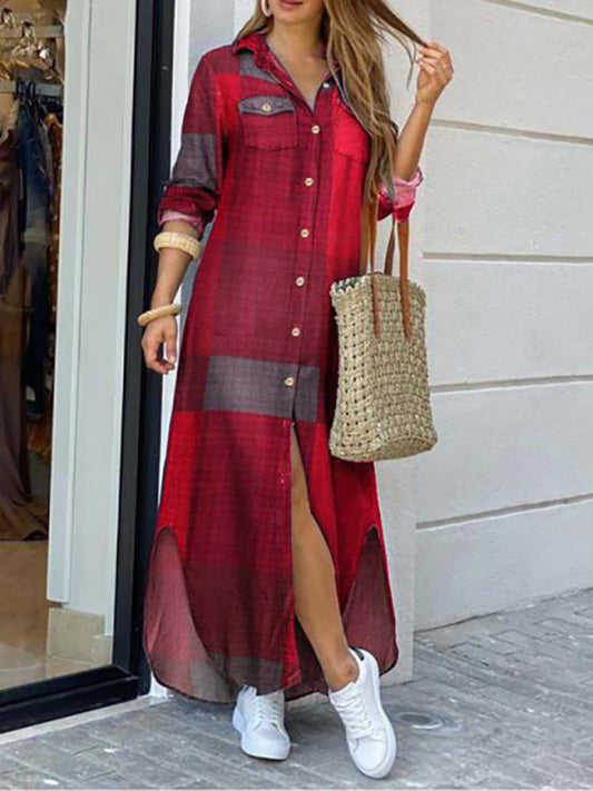 Women's printed single-breasted long dress dress