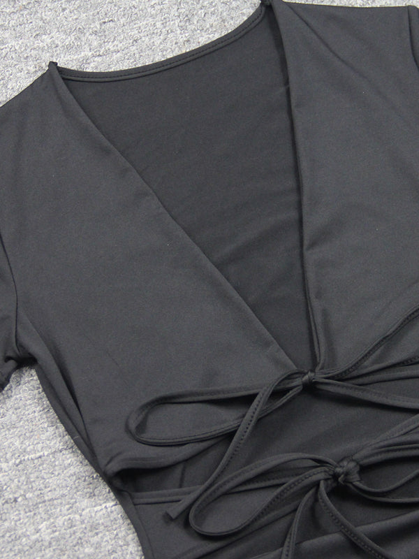 Women's Solid Color Wrap Cut-out Tie Mini Dress