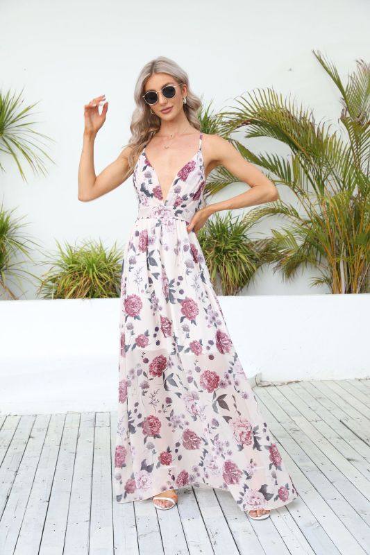Women's chiffon printed suspender sexy long dress