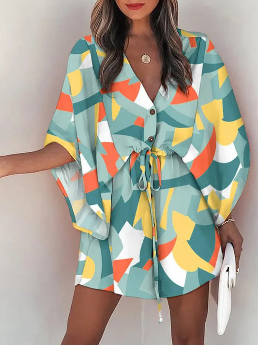 Women's Beach Dolman Half Sleeve V-neck Floral Print Adjustable Dress