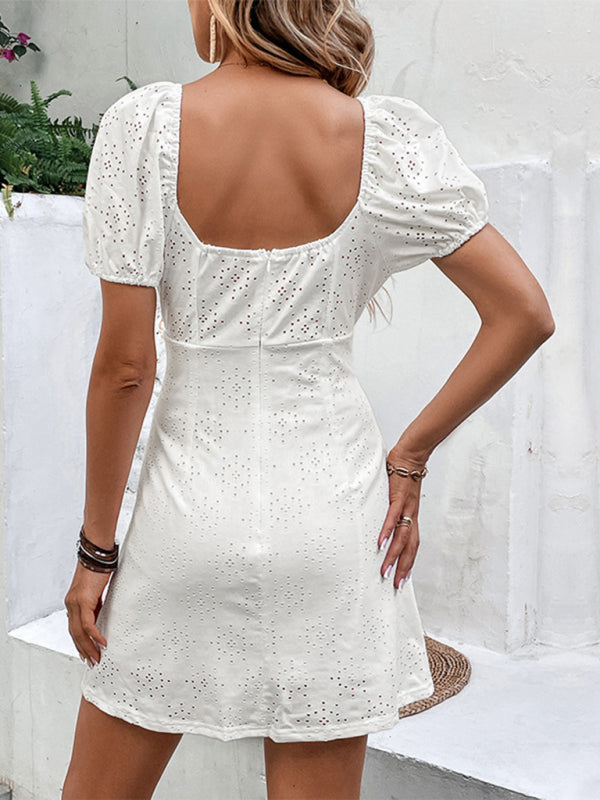 Women's Fairy Dress French Vintage Square Neck White Backless Dress