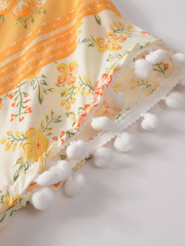 Women's Woven V Neck Bohemian Print Short Sleeve Dress