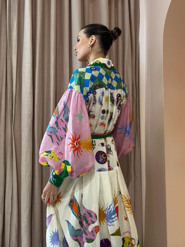 New retro French court style pleated long-sleeved loose dress