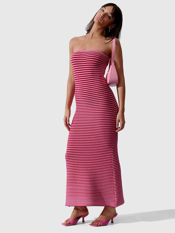 Tube top long knitted striped sexy slim fit hip-hugging dress