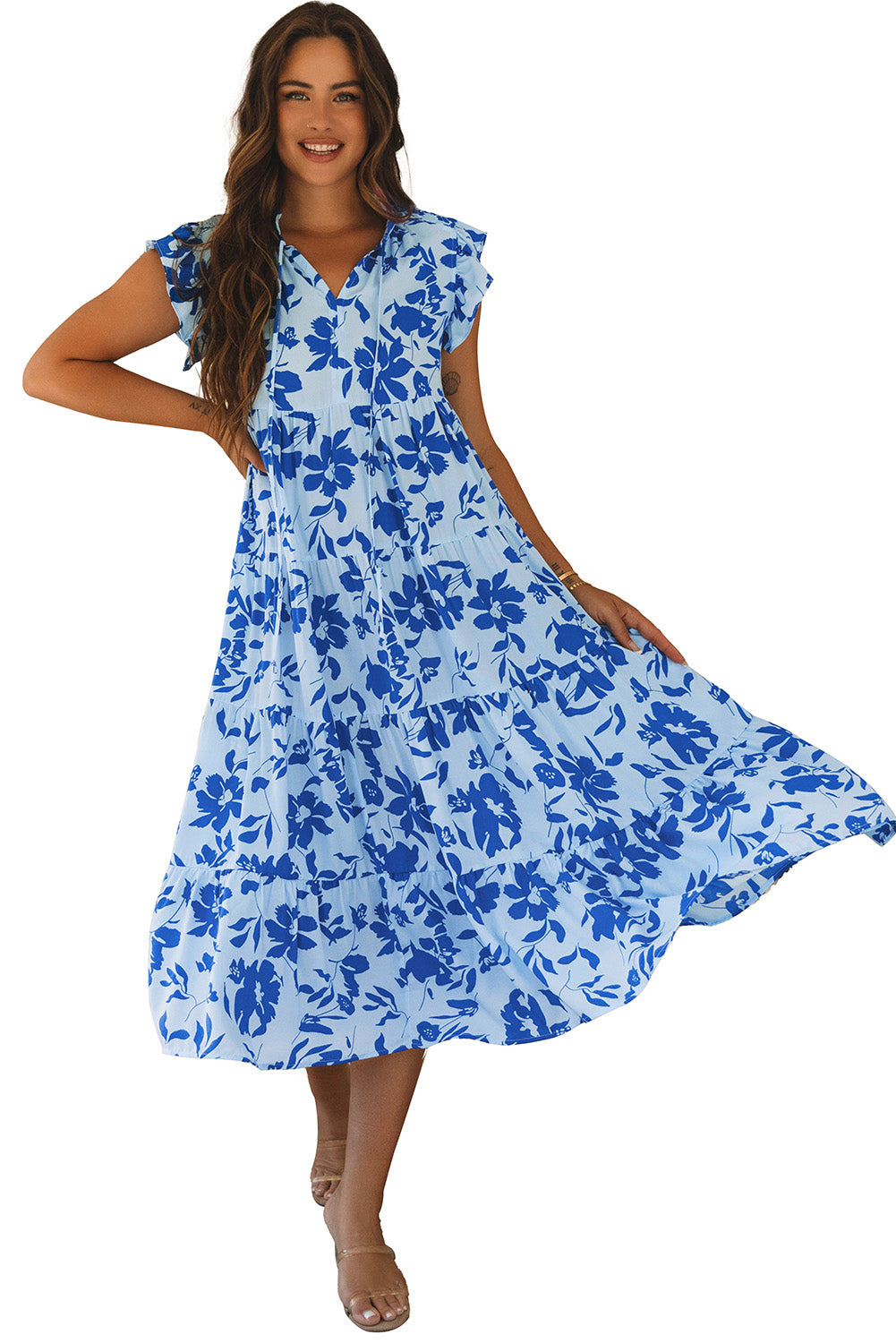 Rose Floral Print Tiered Frilled Trim Flutter Sleeve Maxi Dress