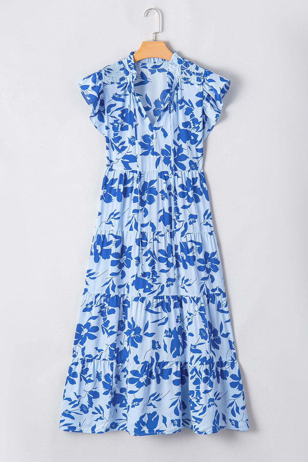 Rose Floral Print Tiered Frilled Trim Flutter Sleeve Maxi Dress