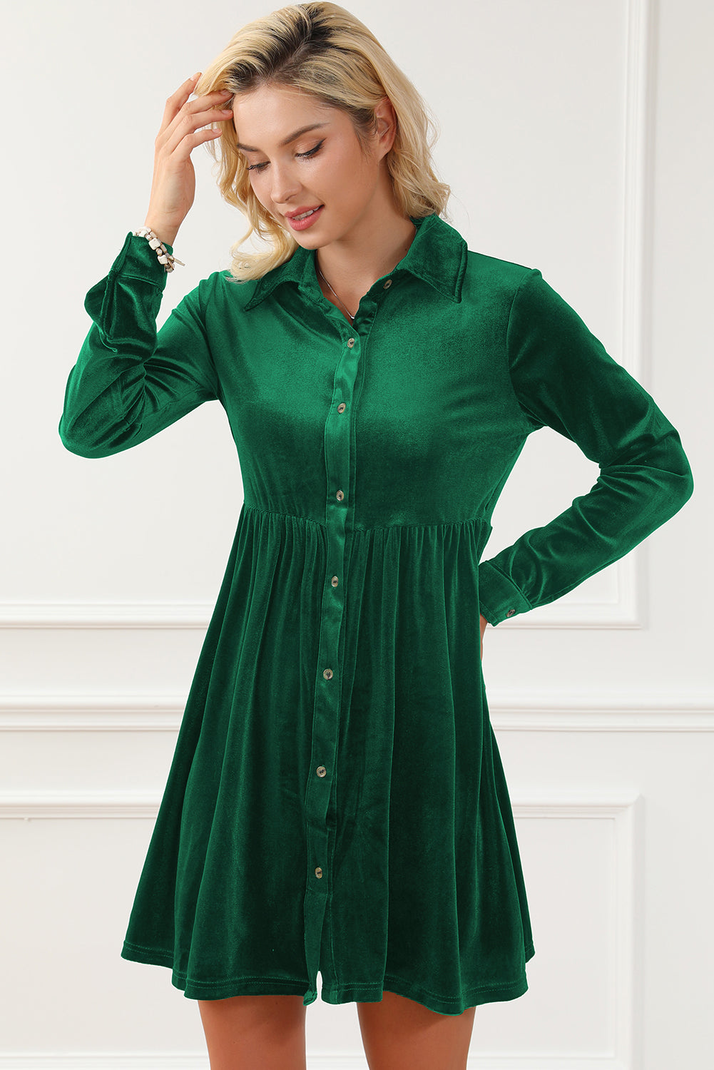 Rose Long Sleeve Ruffle Velvet Button Up Dress