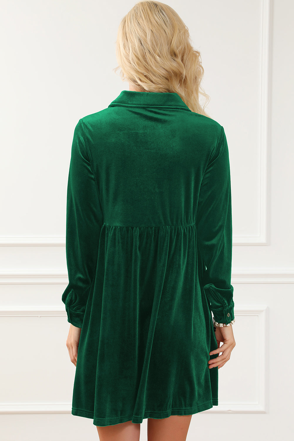 Rose Long Sleeve Ruffle Velvet Button Up Dress