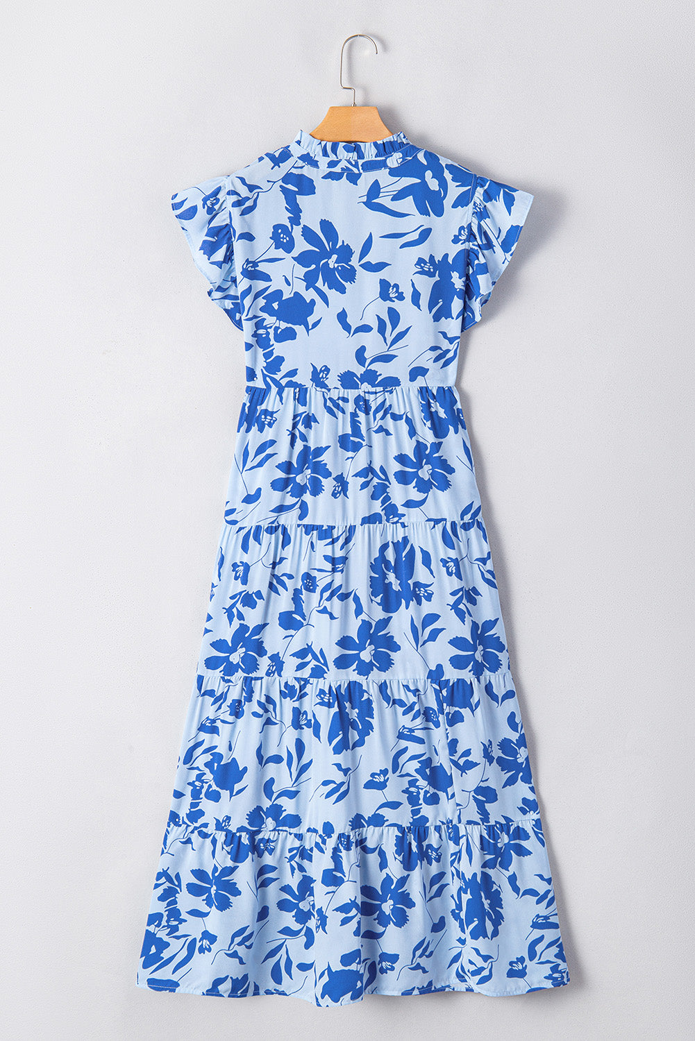 Rose Floral Print Tiered Frilled Trim Flutter Sleeve Maxi Dress