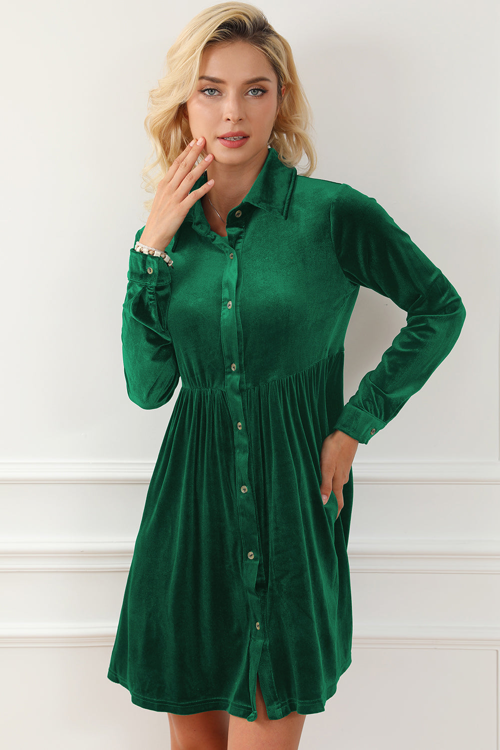 Rose Long Sleeve Ruffle Velvet Button Up Dress