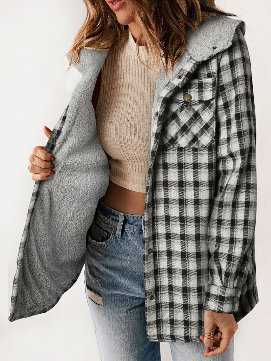 Plaid Snap Down Plush Hooded Jacket