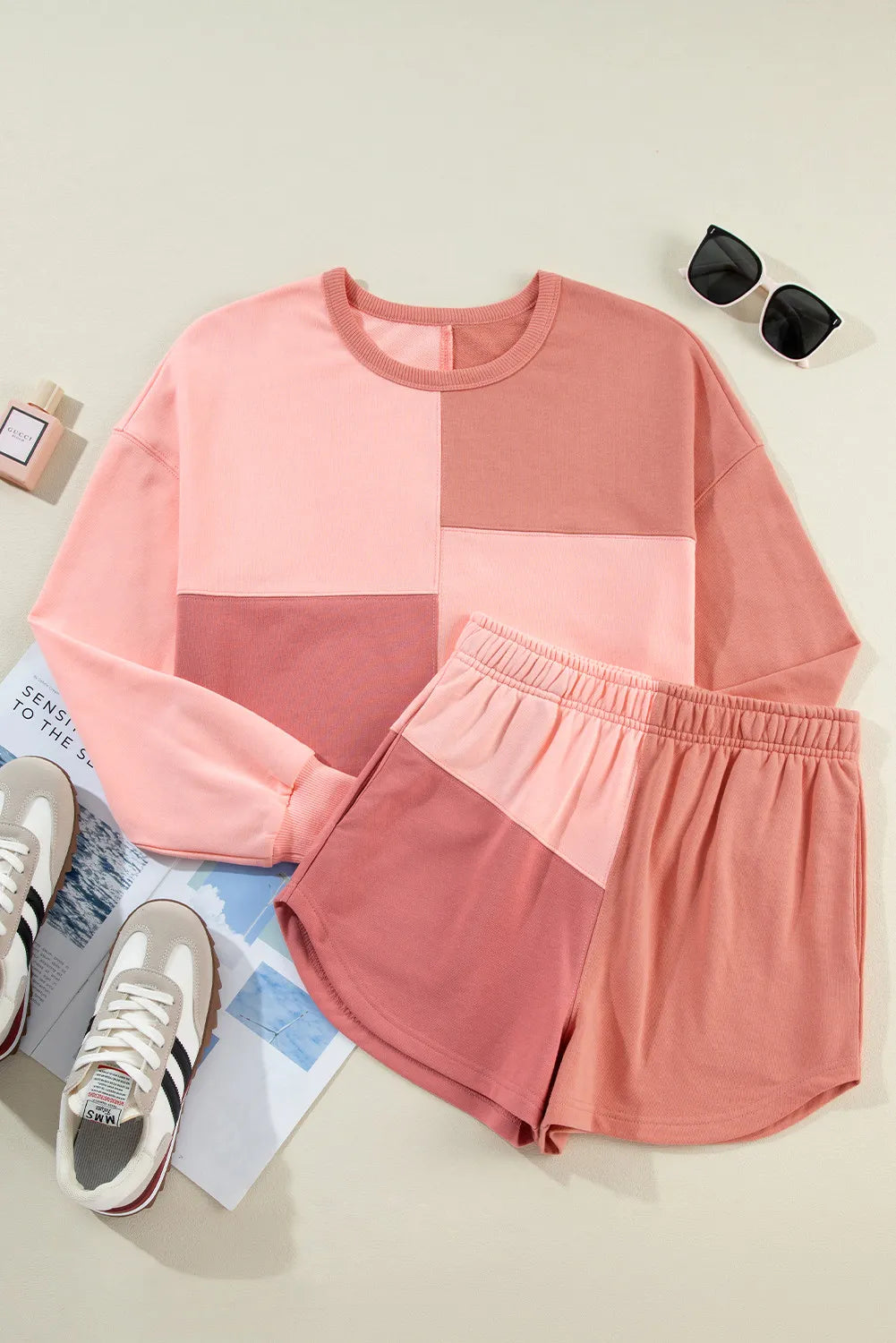 Color Block Round Neck Top and Shorts Set