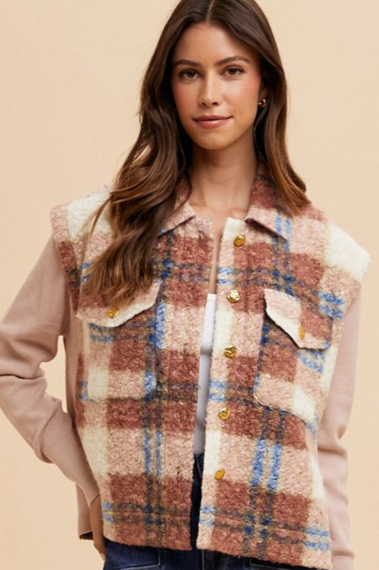 Annie Wear Faux Fur Plaid Button Up Jacket