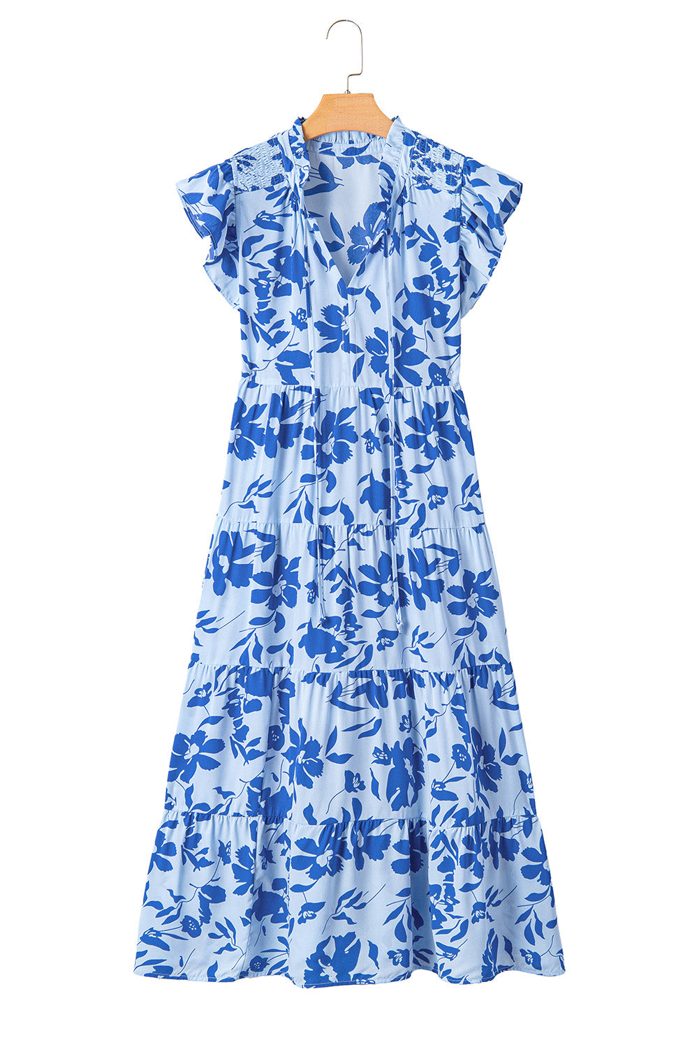 Rose Floral Print Tiered Frilled Trim Flutter Sleeve Maxi Dress