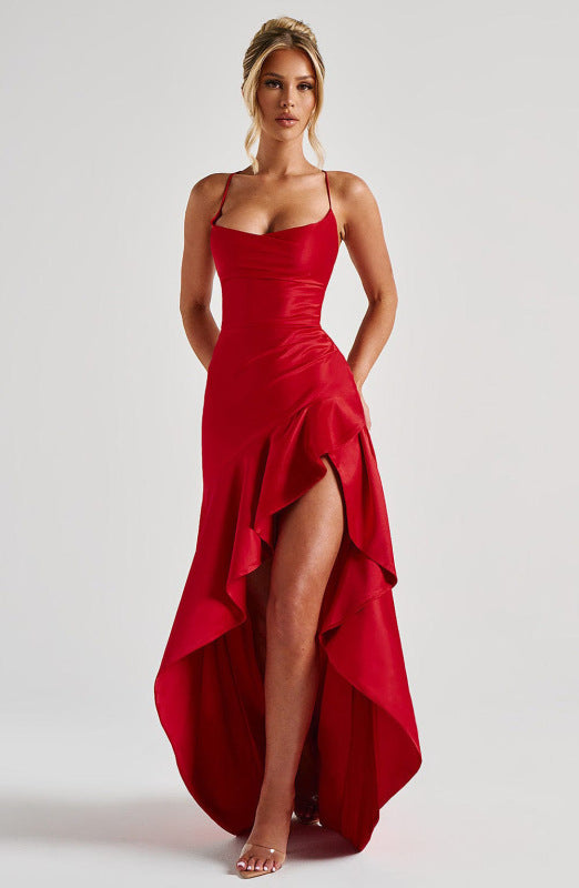 Sexy halter dress with ruffled, irregular hem.