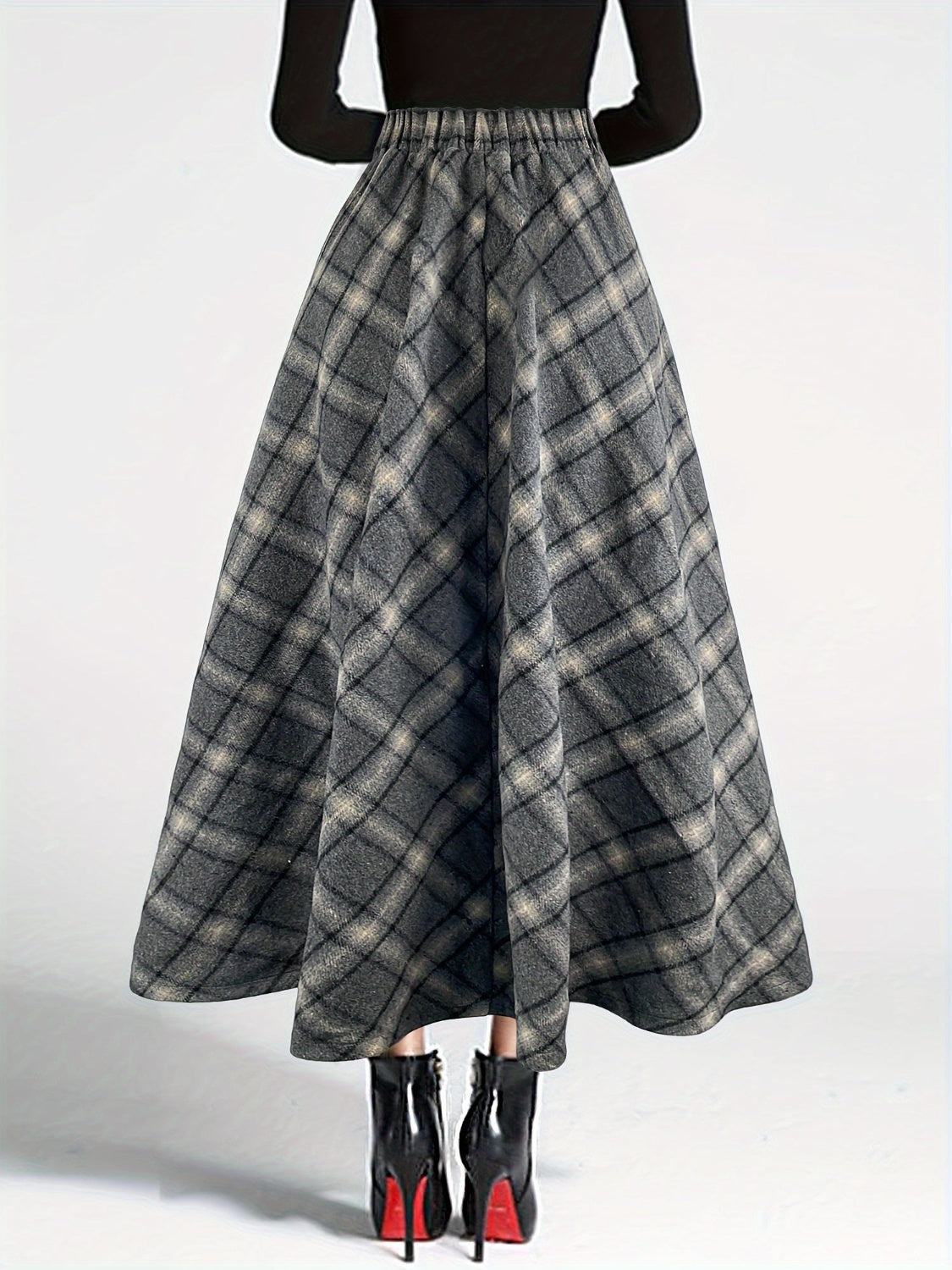 Plaid Elastic Waist Midi Skirt