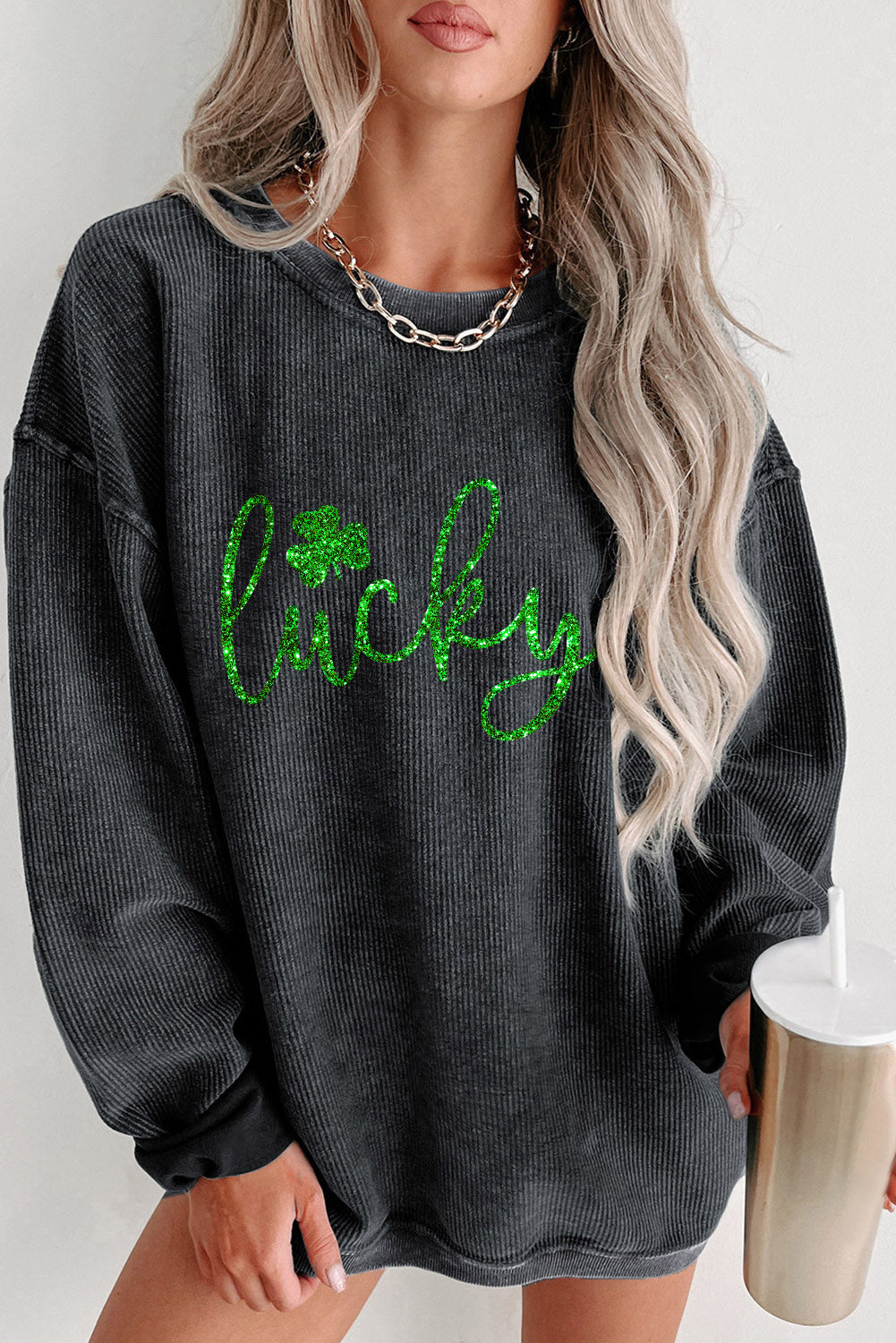 Black Shiny Lucky Clover Graphic Corded Drop Shoulder Sweatshirt