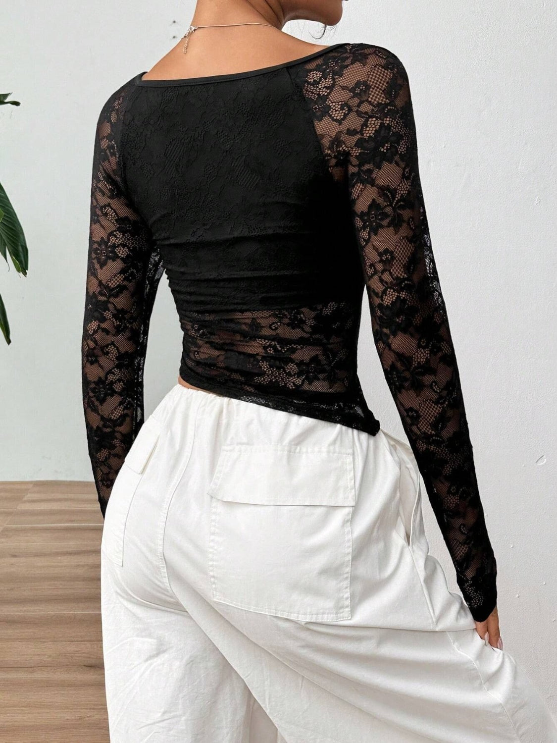 Square Neck Long Sleeve Lace Top