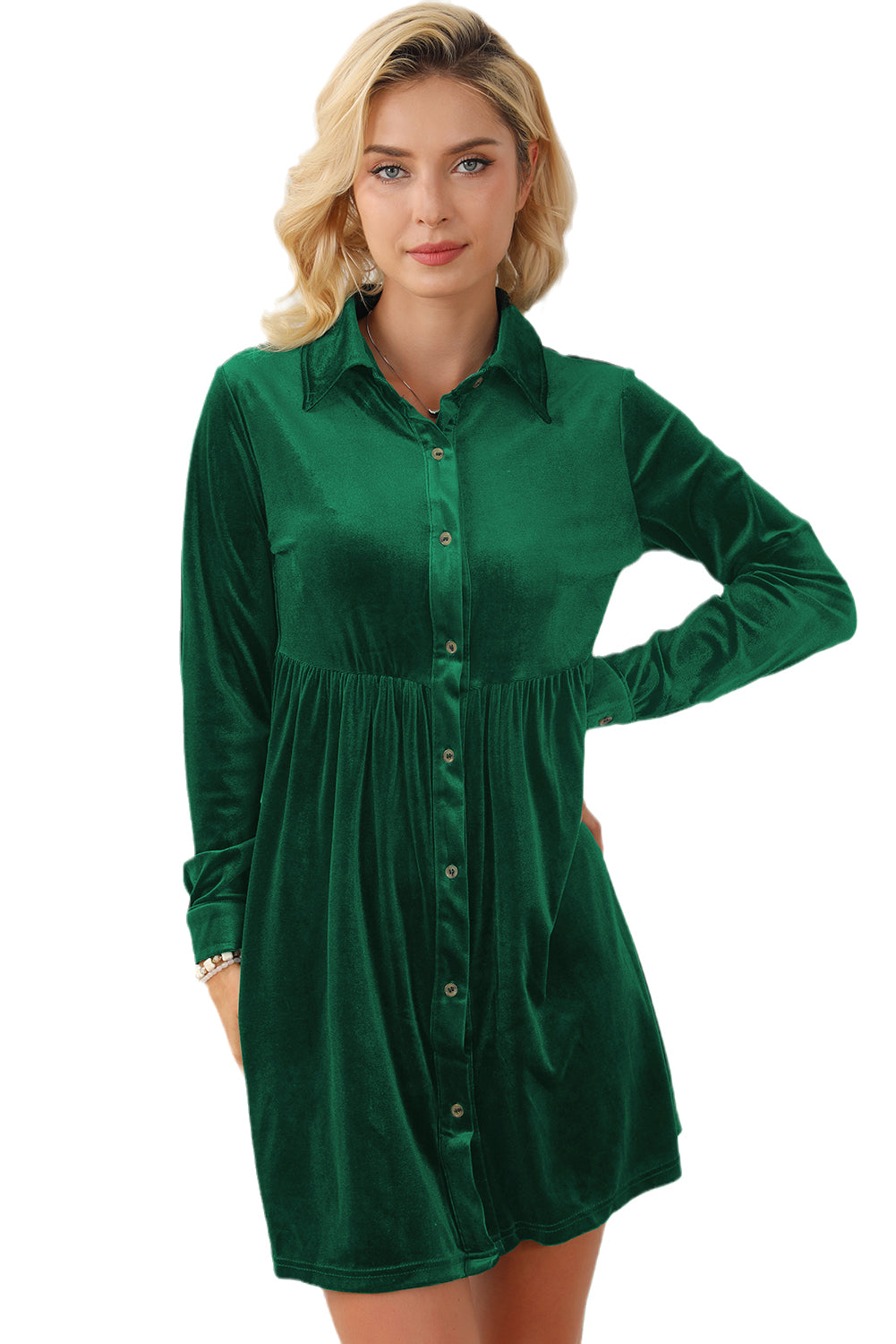 Rose Long Sleeve Ruffle Velvet Button Up Dress