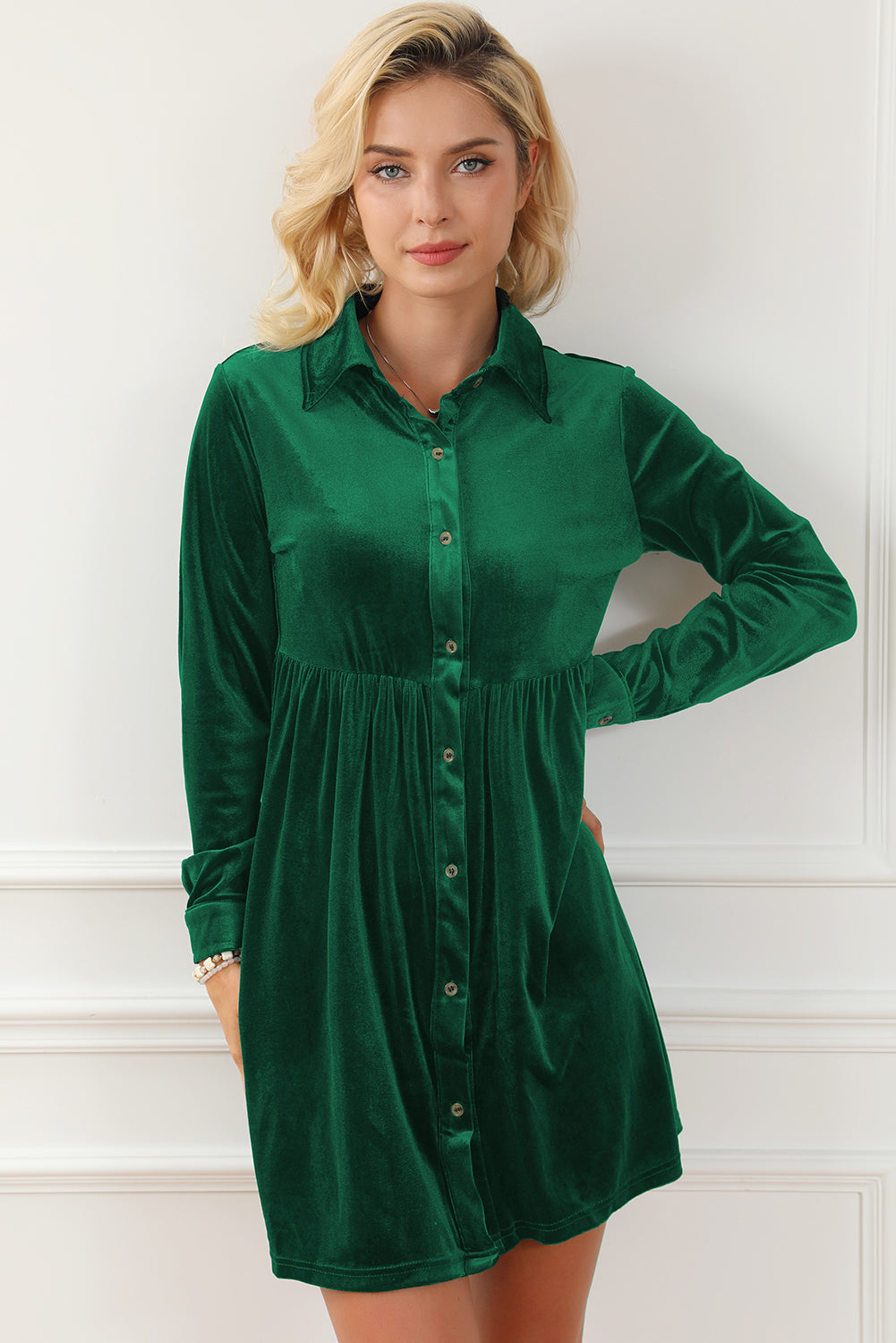 Rose Long Sleeve Ruffle Velvet Button Up Dress