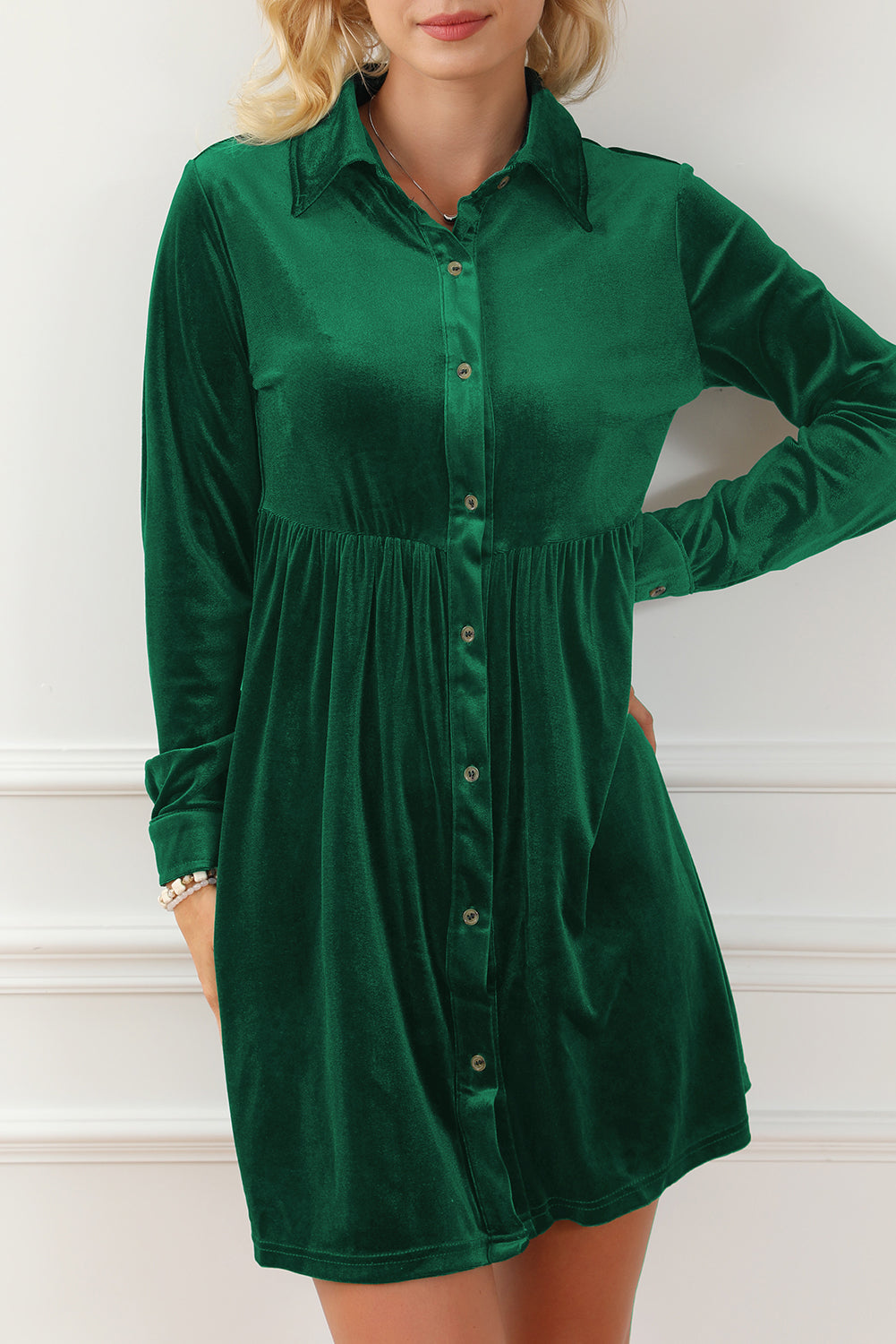 Rose Long Sleeve Ruffle Velvet Button Up Dress