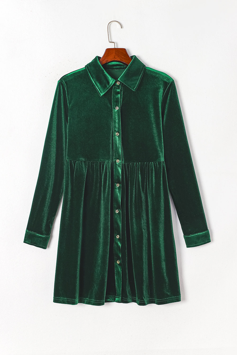 Rose Long Sleeve Ruffle Velvet Button Up Dress