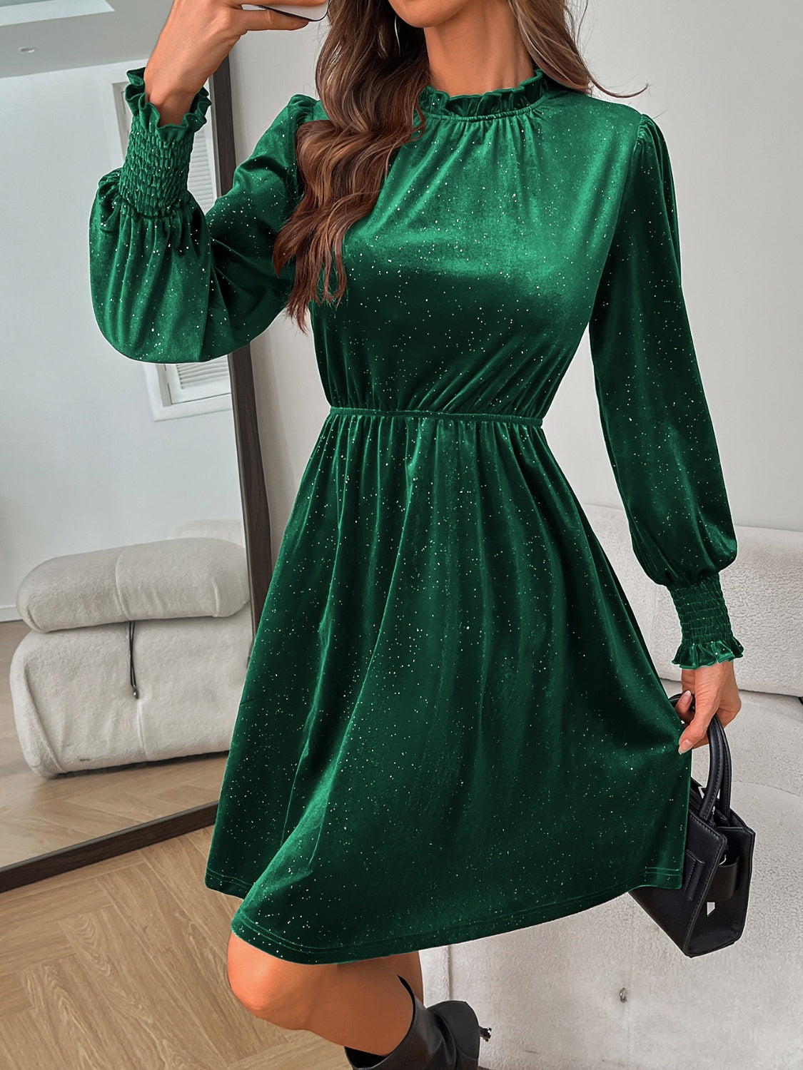 Glitter Mock Neck Long Sleeve Mini Dress