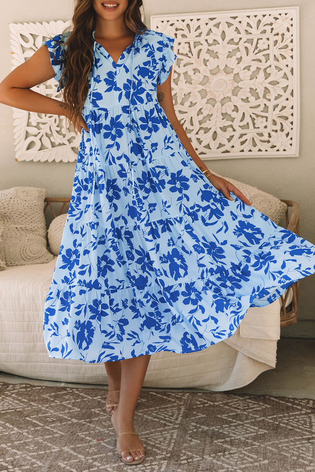 Rose Floral Print Tiered Frilled Trim Flutter Sleeve Maxi Dress
