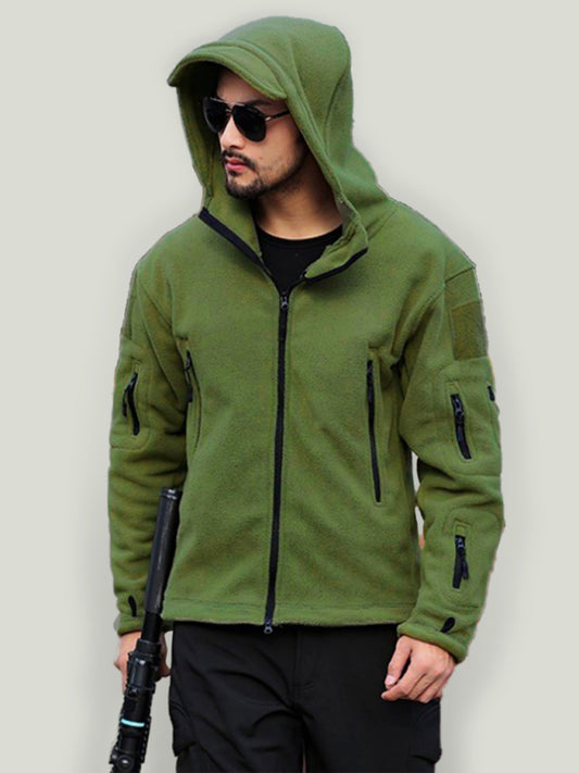 Men's Outdoor Warm Liner Fleece Jacket Cold-Proof Jacket Wind Hood Solid Color Hooded Jacket