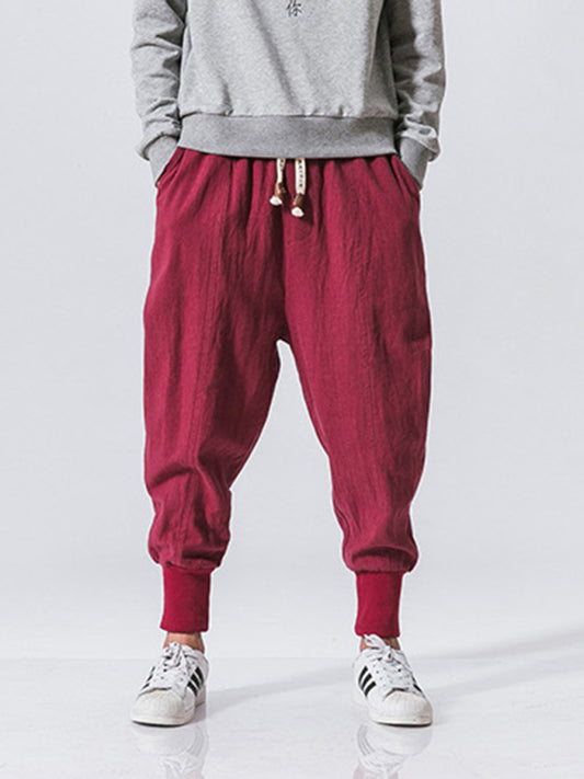 Linen Pants Men's Hip Hop Breathable Cotton Linen Trousers Solid Color Bloomers Casual Pants