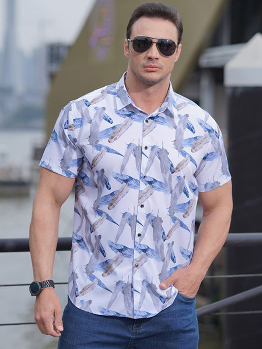 New large size men's stretch leaf flower short-sleeved shirt