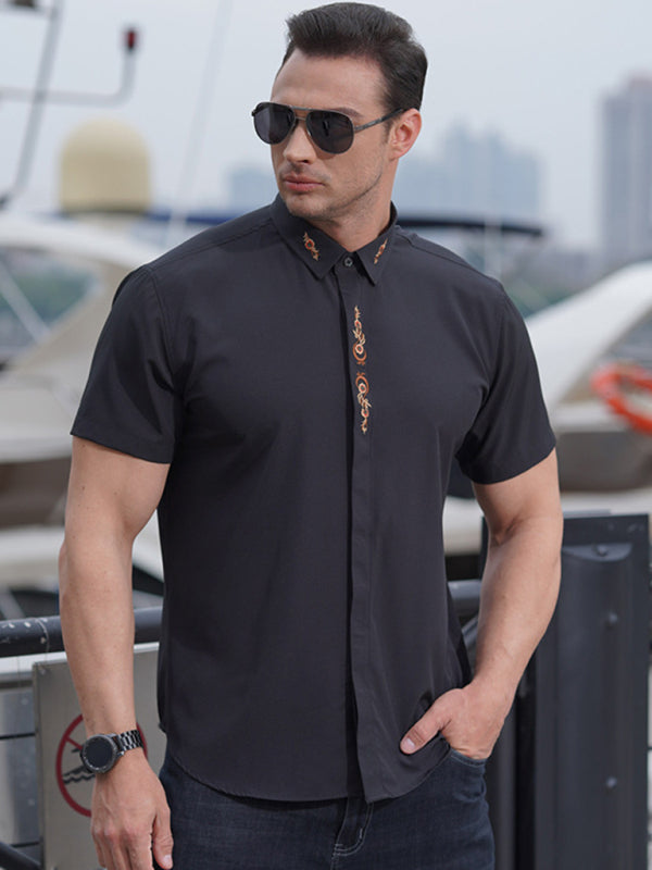 New large size men's elastic loose casual solid color embroidery thin shirt