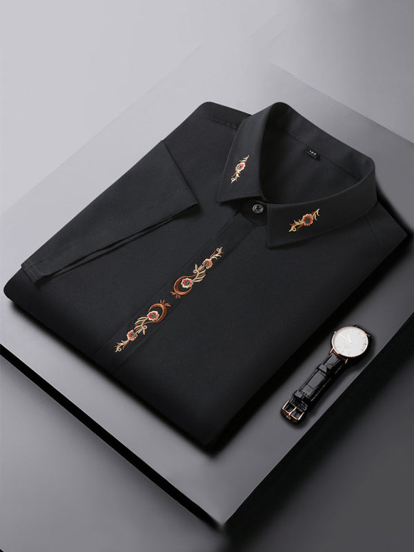 New large size men's elastic loose casual solid color embroidery thin shirt