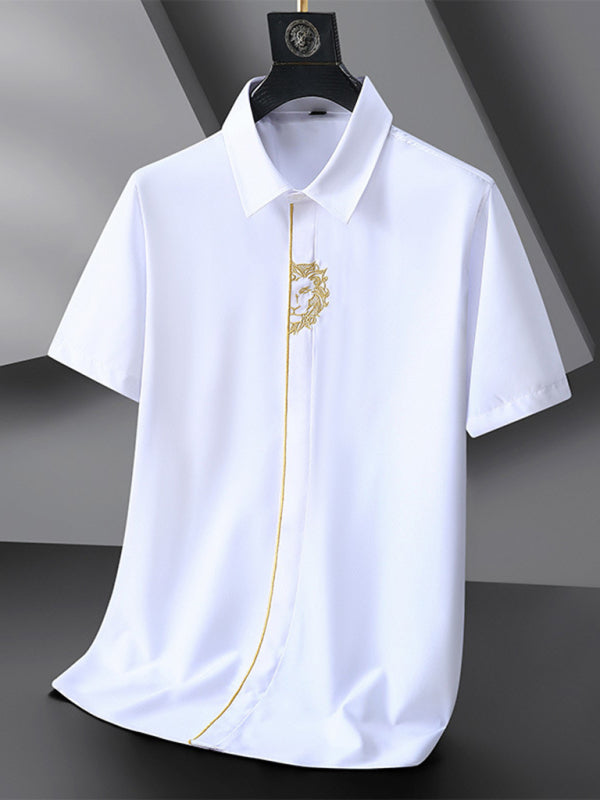 New large size men's elastic loose casual solid color embroidery thin shirt