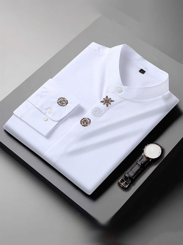 New large size men's elastic loose casual solid color embroidery long-sleeved shirt