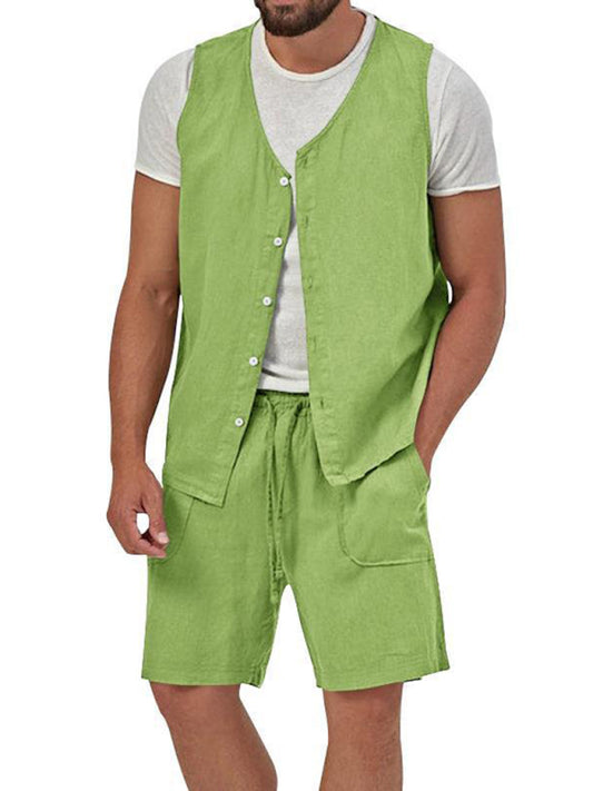 Men's two-piece vest shorts casual sleeveless cardigan suit