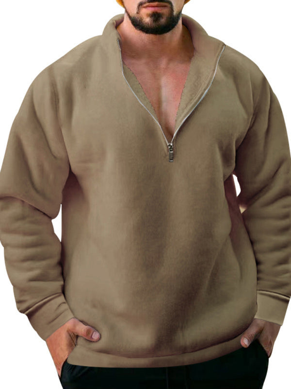 New men's fleece stand collar loose casual half zipper solid color hoodie