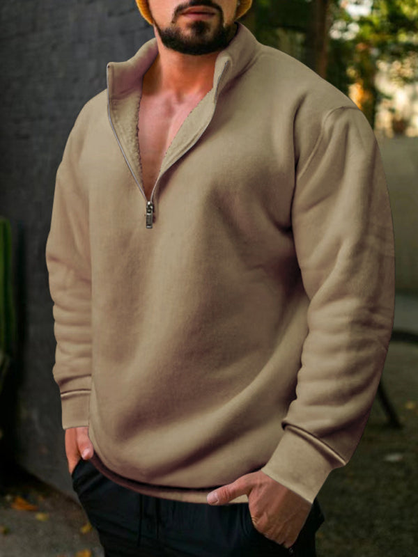 New men's fleece stand collar loose casual half zipper solid color hoodie