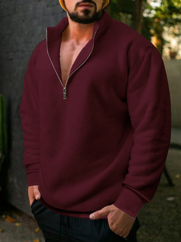 New men's fleece stand collar loose casual half zipper solid color hoodie