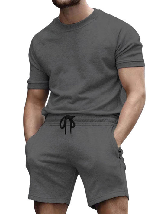 New men's casual fashion solid color short-sleeved T-shirt + quarter pants sports suit