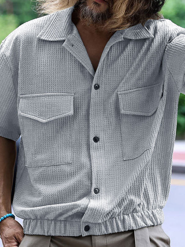 Men's new cardigan front pocket casual short-sleeved shirt