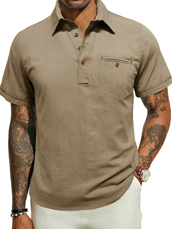 Men's casual solid color lapel short-sleeved tops