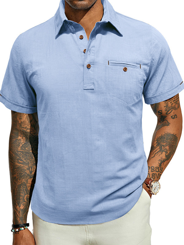 Men's casual solid color lapel short-sleeved tops