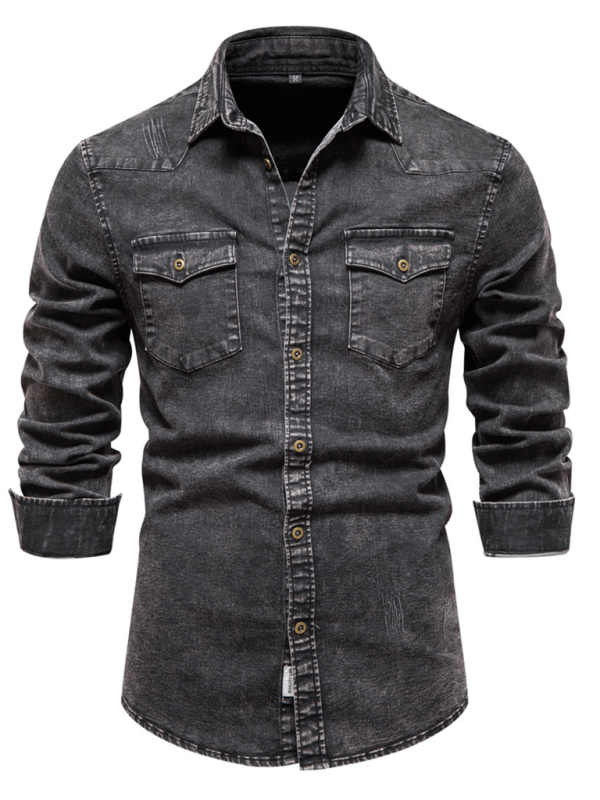 Men's casual distressed denim long sleeve shirt