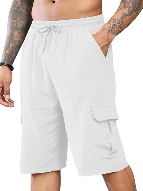 New Linen Shorts Multi-Pocket Drawstring Men's Beach Overalls