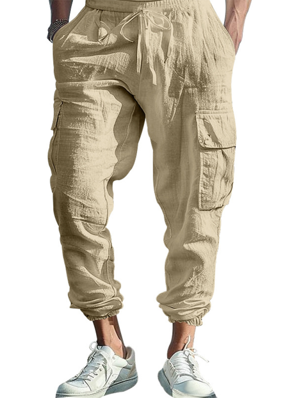 Casual cuffs, multi-pocket drawstrings, solid color, loose large size drawstring trousers