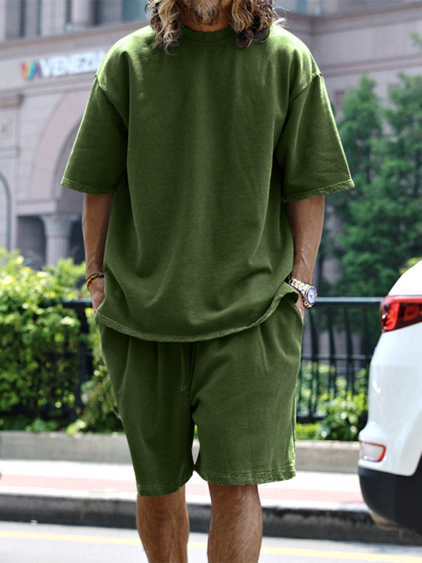 Men's solid color loose short-sleeved shorts set