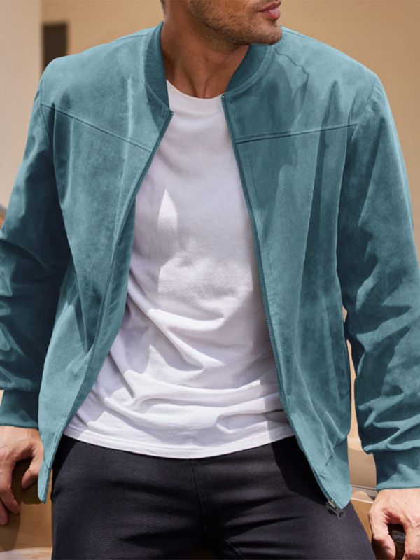 Suede Solid Color Men's Zipper Jacket Casual Retro Long Sleeve Cardigan Coat