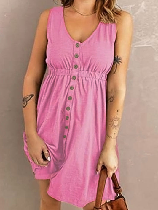 Casual V-Neck Button Front Sleeveless Elasticated Waist A-line Dress With Pocket
