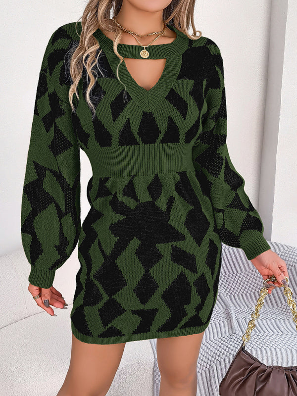 New casual color-blocked hollow lantern sleeve waisted sweater dress